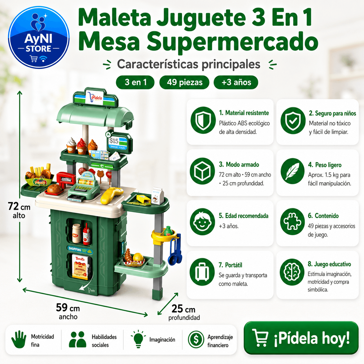 Set Supermercado Juguete Maleta Juego De Roles 49 Pz