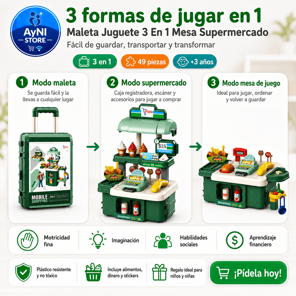 Set Supermercado Juguete Maleta Juego De Roles 49 Pz