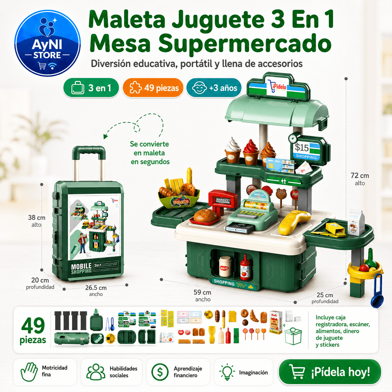 Set Supermercado Juguete Maleta Juego De Roles 49 Pz