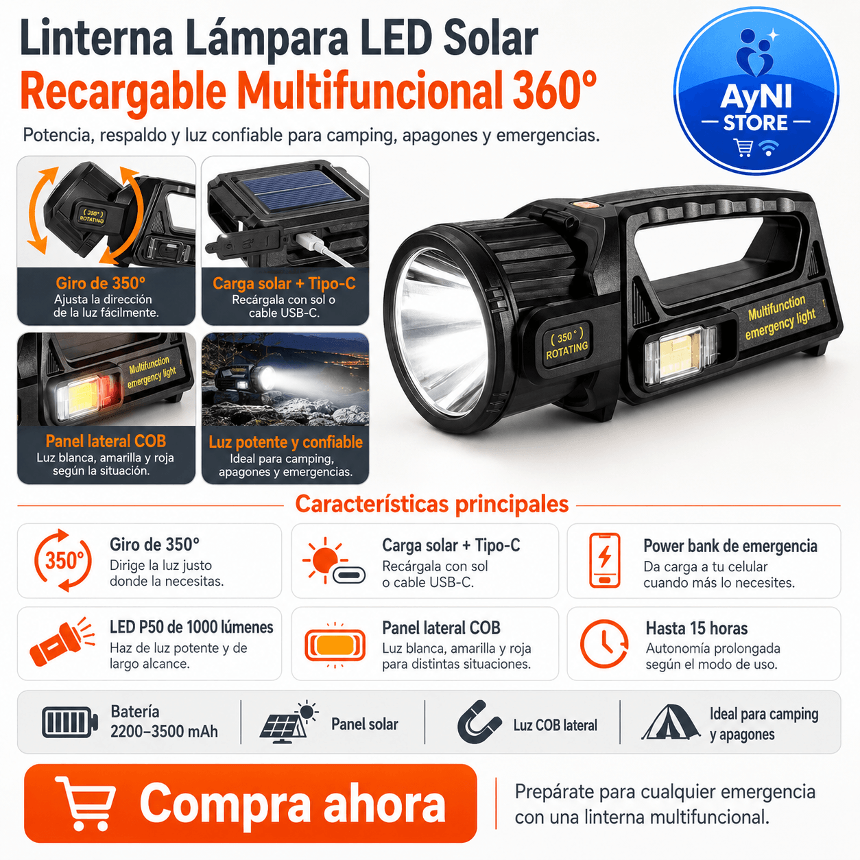 Linterna Lampara Led Solar Recargable Multifuncional Faro 360°