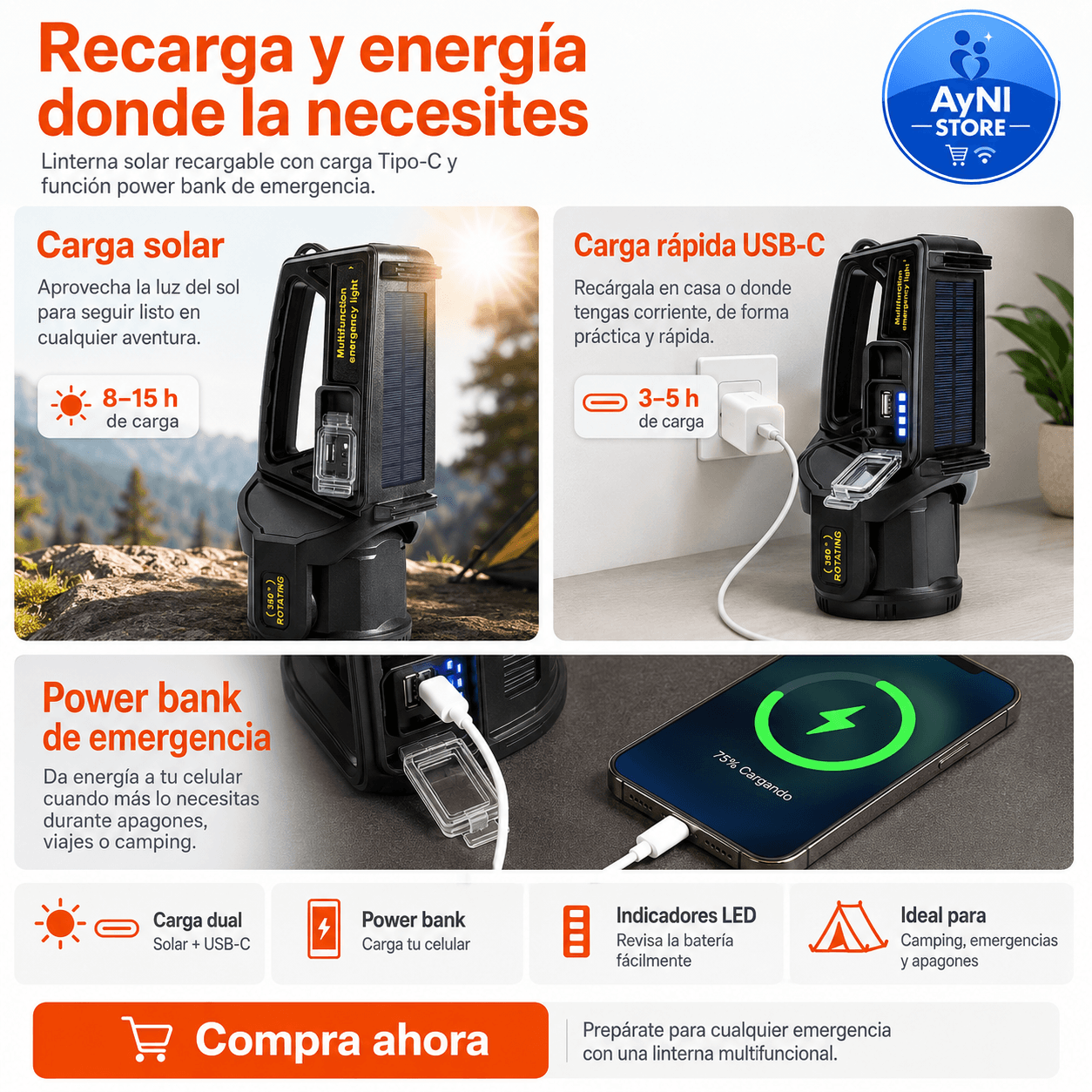 Linterna Lampara Led Solar Recargable Multifuncional Faro 360°
