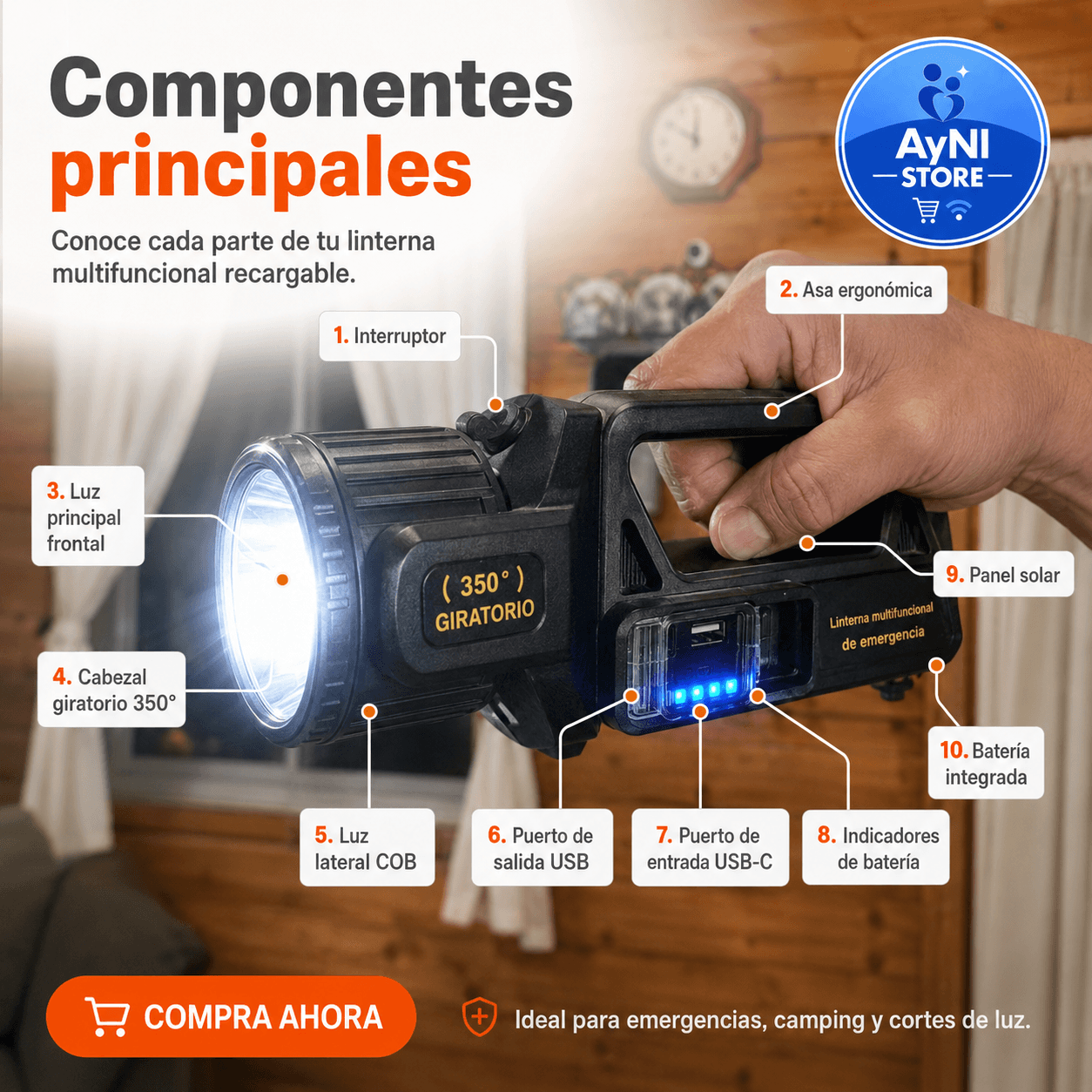 Linterna Lampara Led Solar Recargable Multifuncional Faro 360°