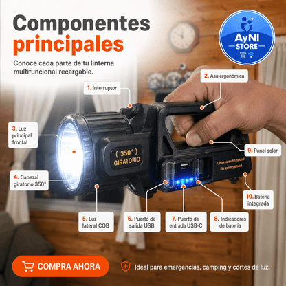 Linterna Lampara Led Solar Recargable Multifuncional Faro 360°