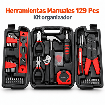 Maletín de herramientas manuales de 129 piezas forjadas en acero al carbono con martillo, alicates y destornilladores.