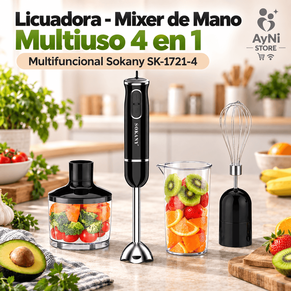 Licuadora - Mixer de Mano Multiuso Sokany 4 en 1