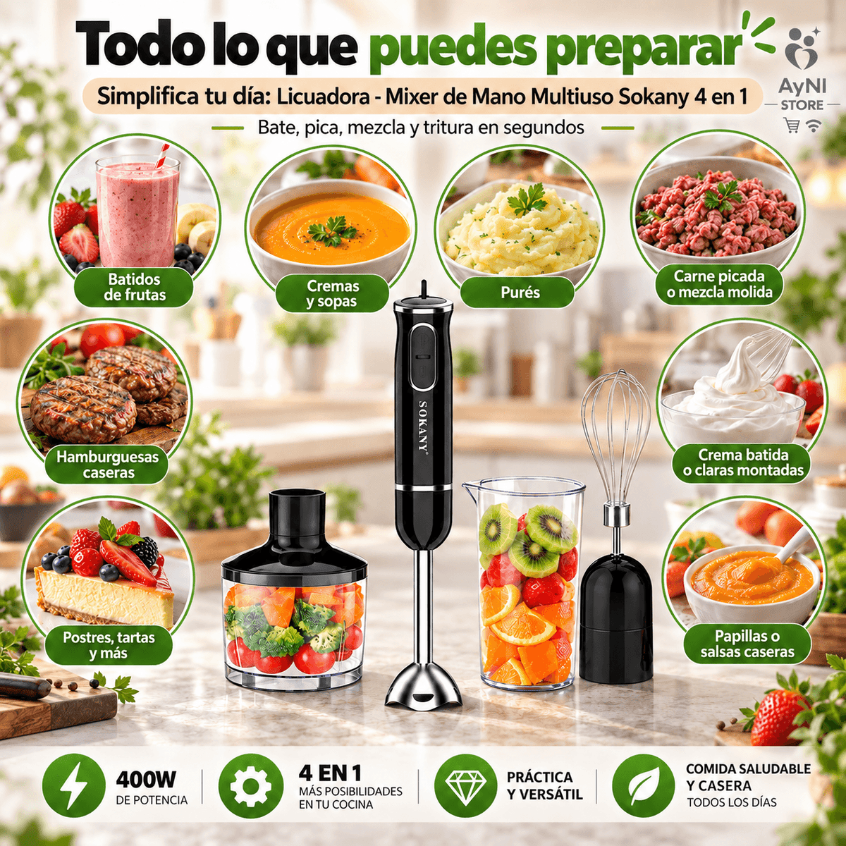 Licuadora - Mixer de Mano Multiuso Sokany 4 en 1