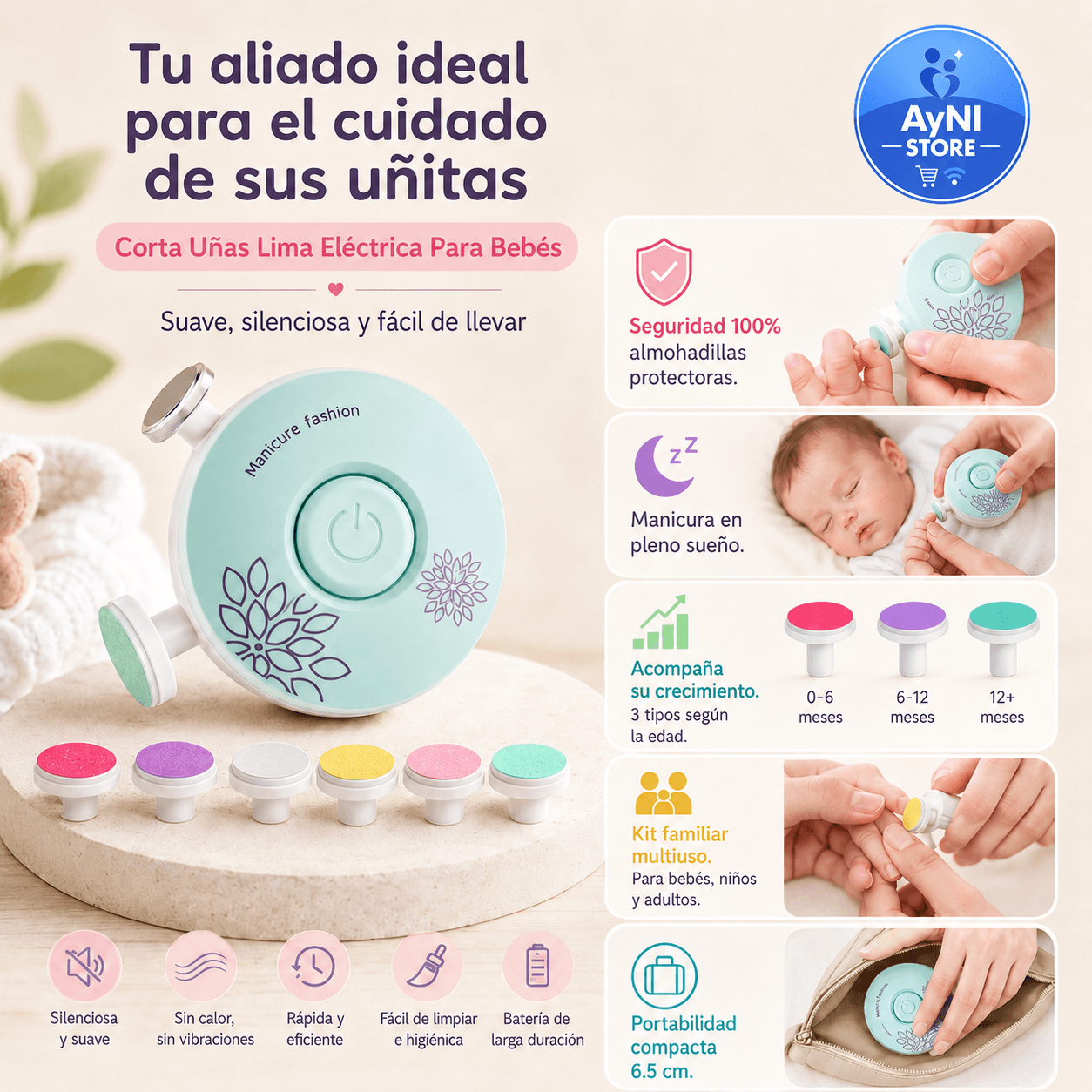 Lima de Uñas Eléctrica Ergonómica para Bebés y Adultos