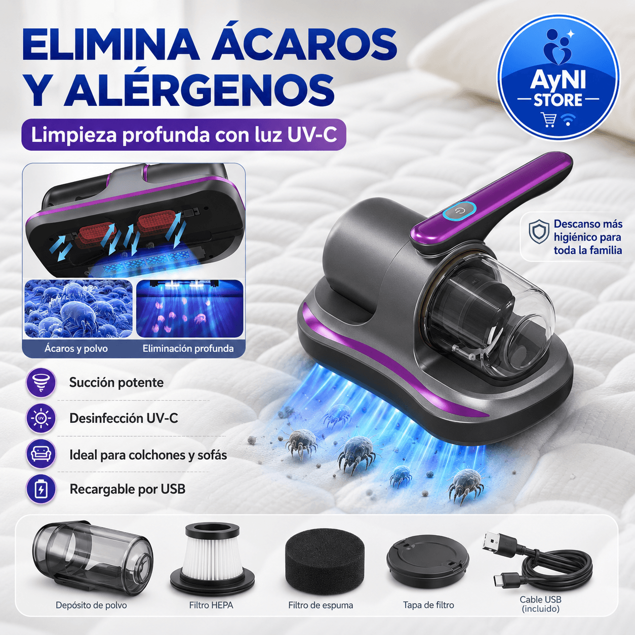 Aspiradora Portatil UV Eliminacion Acaros